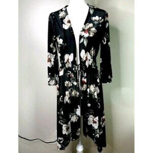 Womens Small Sheer Floral Duster Dress Overlay Black White Bell Sleeve Boho